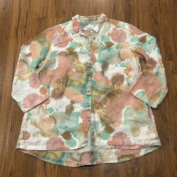 I Linen Tunic Top Womens Large Blouse Paint Splatter Hawaiian Shirt Pockets - Picture 1 of 5